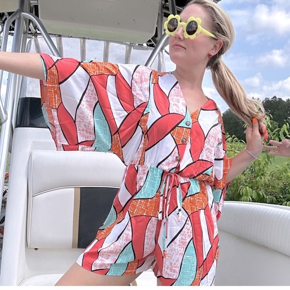 Romper / short jumpsuit - coral / teal / white - NWOT - size M - Picture 2 of 7